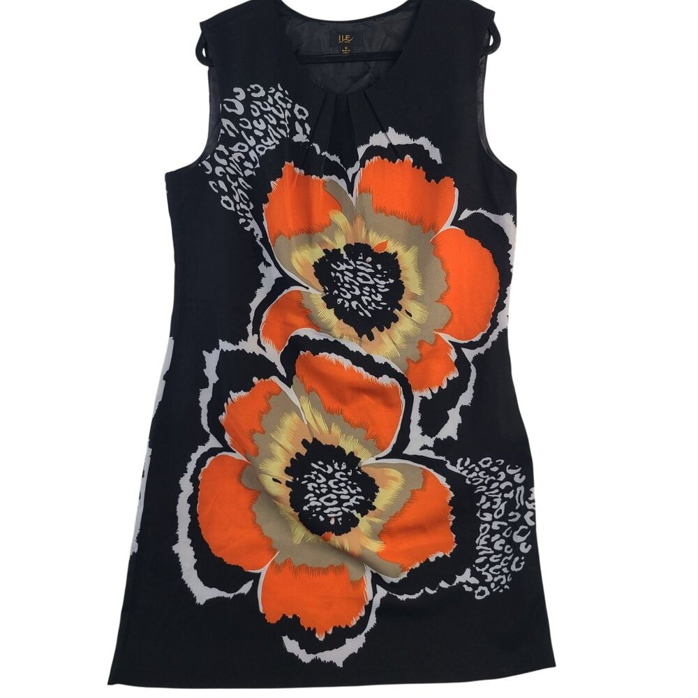 ILE New York Sleeveless Floral Print Dress Size 16 Black Orange Polyester Blend